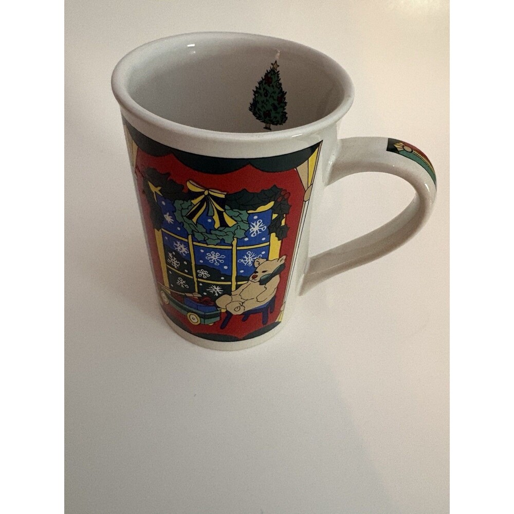 Vintage Fine Works Limited Edition Christmas Mug Teddy Bear Cat Train Window
